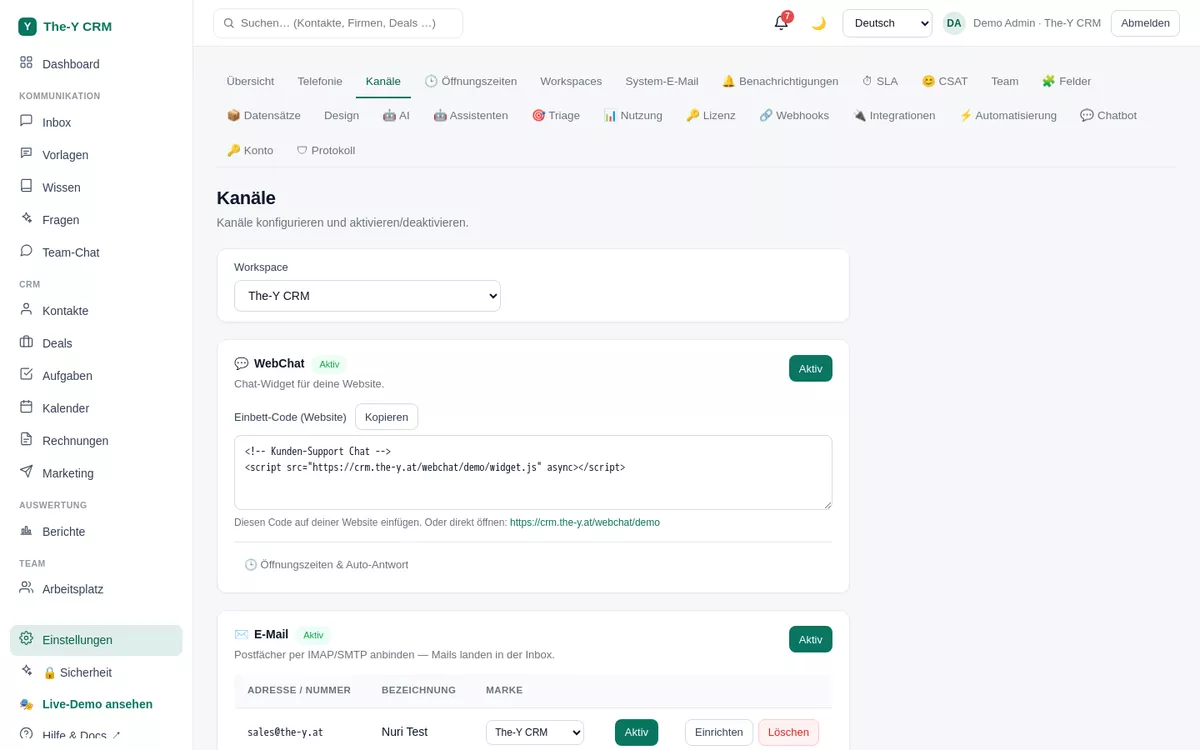 Einstellungen → Kanäle mit WebChat-Einbettcode